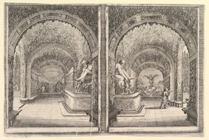 Két kilátás egy barlangra, mindkét kilátás egy szökőkúttal ülő szoborral, a ..., kb. 1653. alkotó: Stefano della Bella