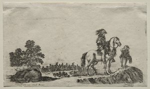 Különféle alakok és tájak: Egy elveszett lovas, aki az utat tudakozódni, 1649. alkotó: Stefano della Bella