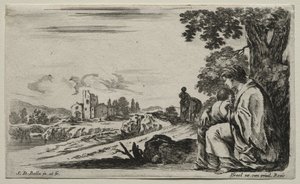 Különféle alakok és tájak: Egy szegény nővér ül egy fa alatt, 1649. alkotó: Stefano della Bella