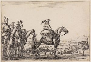 Különböző alakok (Varie figure): Menetelő hadsereg a síkságon. Az előtérben, a dombon a parancsnok és kísérői, jobbra a trombitás alkotó: Stefano della Bella