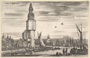 Kilátás Amsterdam Vu Amsterdamra, egy torony és a házak balra, férfiak állnak a mólón ..., 1647. alkotó: Stefano della Bella