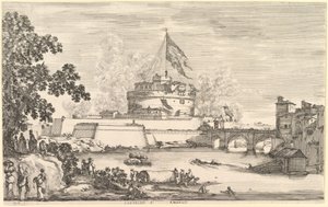 Kilátás a Tiberis folyóra, egy nagy fa balra, két csoport nő balra..., kb. 1656. alkotó: Stefano della Bella
