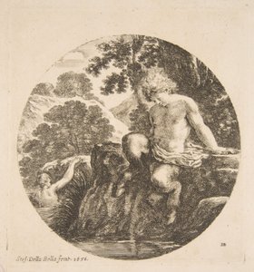 A folyóban fürdőzni készülő fiatal szatír a „Tájképek és tengeri kikötők” című könyvből: Paysages et ports d..., 1656. alkotó: Stefano della Bella