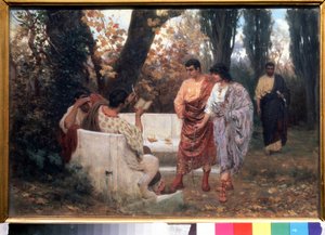 Catullus római költő (Kr. e. 87-54) versét olvassa (Catullus római költő versét olvassa). Stepan Vladislavovich Bakalovich (1857-1947) festménye. Olaj, vászon, 26,8 x 39 cm
