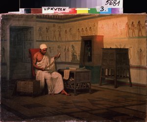 Egyiptomi pap papirusztekercset olvas. Stepan Vladislavovich Bakalovich (1857-1947) festménye. Olaj, vászon, 37 x 50 cm, 1903 után. Orosz művészet, 19. század vége, 20. század eleje. Állami Művészeti Múzeum, Irkutszk (Oroszország
