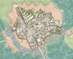 Modern Oxford a polgárháborús védművek felett, 1644-1646 körül (tus, akvarell, digitális szerkesztés) alkotó: Stephen Conlin