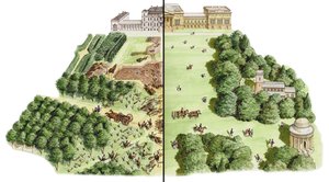A Stowe-i tájképi kertek fejlődése, Buckinghamshire, 1741-1780 körül (tinta és akvarell)