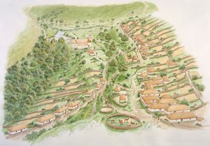 Wharram Percy középkori falu, North Yorkshire, 13. század a 2000-es évek körül