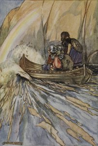 „Vigyél minket gyorsan, Mananan csónakja a Heszperidesek kertjébe, illusztráció a „Finn nagy tettei és az ókori Írország egyéb bard romantikája” című könyvéből, T.W. Rolleston (színes litó) alkotó: Stephen Reid