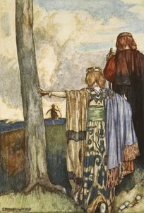 Maeve királynő találkozik Cuchulainnel, illusztrációja Eleanor Hull (1860-1935) „Cuchulain, The Hound of Ulster” című művéből alkotó: Stephen Reid