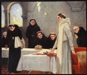 Szent Benedek és a szerzetesek, illusztráció a „Helmet & Cowl: Stories of Monastic and Military Orders” W.M. Letts és M.F.S. Letts alkotó: Stephen Reid