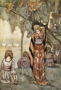 Tábort ütöttek, és a hattyúk énekeltek nekik, T.W. „The High Deeds of Finn, and other Bardic Romances of Ancient Ireland” című művéből. Rolleston (színes litó)