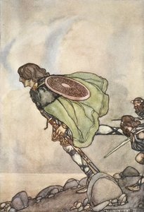 Hegyen és repülőn futottak neki, illusztrációja T.W. „The High Deeds of Finn, and other Bardic Romances of Ancient Ireland” című könyvéből. Rolleston (színes litó)