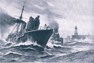 Járőrhajók és aknavetők kihajóznak Zeebrugge kikötőjéből, a The Illustrated History of the World War 1914-1915 pubból. az Union Berlagsefellfchaft