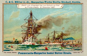Stein és Charlotte német hadihajók a haiti Port au Prince Harbourban a Luders-ügy idején, 1897. december 6-án (chromolitho)