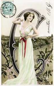 C: Bianca Toledo, művész, énekes és sevillai táncos a Belle Epoque-ból - Casino de Paris, Folies Bergere, Jardin de Paris - Alphabet képeslapon