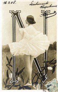 N: Cleopatre Diane de Merode, akit Cleo de Merode-nak hívnak, a Belle Epoque táncosa, az Opera de Paris-ban tanult - Theater des Folies Bergere, Párizs - Ábécé képeslapon