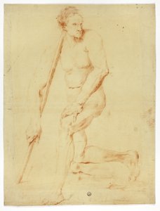 Akadémiai férfi meztelenül támaszkodik a személyzetre alkotó: Style of Pompeo Girolamo Batoni