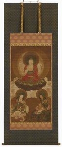Buddhista triász: Sakyamuni, Manjusri és Samantabhadra, Edo-korszak, 17. század közepe-18. század eleje. alkotó: Sumiyoshi Gukei