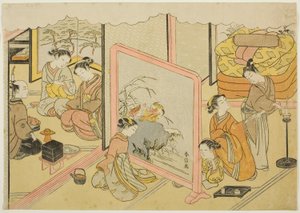 Egy csésze szaké lefekvés előtt (Toko sakazuki), a "Házasság brokátmintás, az erényes nő kocsija (Konrei nishiki misao-guruma)" sorozat hatodik lapja. alkotó: Suzuki Harunobu
