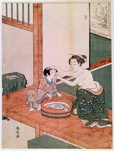 Egy meztelen anya megmossa a gyermekét Japánban egy vízzel teli medence közelében. Haronobu Suzuki (1725 -1770) nyomatai. 1766-1768. Homályos. 0,27x0,201 m. Párizs, Guimet Múzeum, Ázsiai Művészeti Nemzeti Múzeum