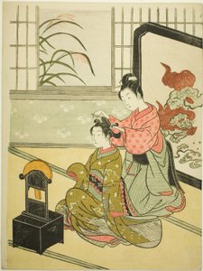 Autumn Moon in the Mirror (Kyodai no shugetsu), a "Nyolc nézet a szalonból (Zashiki hakkei)" sorozatból alkotó: Suzuki Harunobu
