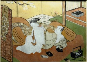 Szerelmespár hever egy paravános, kalligráfiai dobozban. Nishiki-e print (Nishiki e) Suzuki Harunobu (1725-1770 körül) 1765 kb. Nap. 20,6x27,8 cm Magángyűjtemény alkotó: Suzuki Harunobu