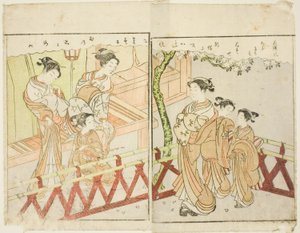 Kétoldalas illusztráció a kötetből. A tavaszi brokátok képkönyve (Ehon haru no nishiki) 2. része alkotó: Suzuki Harunobu