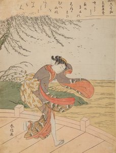 Lány a hídon szélben, a Furyu rokkasen - A hat elegáns halhatatlan költő sorozatból alkotó: Suzuki Harunobu