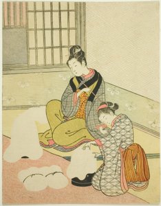 Esti hó egy fogselyemformázón (Nurioke no bosetsu), a "Nyolc nézet a szalonból (Zashiki hakkei)" sorozatból alkotó: Suzuki Harunobu