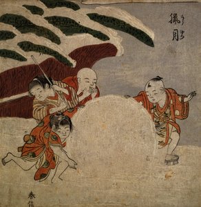 Négy fiú hógolyót készít, 1768 körül (színes fatömbnyomat) alkotó: Suzuki Harunobu