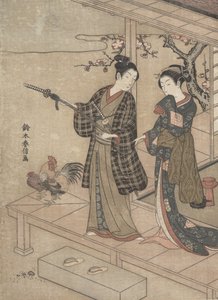Gentleman búcsút vesz asszonyától a verandán. alkotó: Suzuki Harunobu