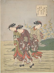 Lányok átkelnek a gázlón az Ide no Tamagawán alkotó: Suzuki Harunobu