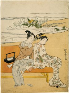 Ugyanazon fuvolát játszó szerelmesek (Xuanzong és Yang Guifei paródiája), 1767 körül (színes fametszet; csubán) alkotó: Suzuki Harunobu