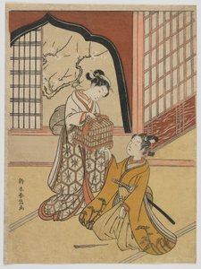 Madárketrecsel szerelmesek, Edo-korszak, 1766-67 körül (színes fatömbnyomat) alkotó: Suzuki Harunobu