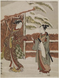 Egy jelenet mitátája a Kabuki Play női változatából a Ptted Trees c. 1768 alkotó: Suzuki Harunobu