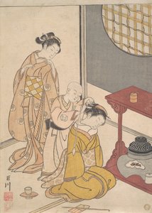 Éjszakai eső a dupla polcos állványon, 1766 körül (fametszet) alkotó: Suzuki Harunobu