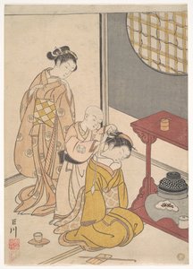 Éjszakai eső a kétszintes polcállványnál, a Nyolc szalonlátkép sorozatból (Zashiki hakkei) alkotó: Suzuki Harunobu