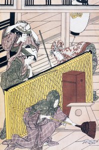 Egereket üldöző szolga a házban, Suzuki Harunobu (1725-1770) ukiyo-e művészeti nyomata, fametszet, japán civilizáció, Edo-korszak alkotó: Suzuki Harunobu