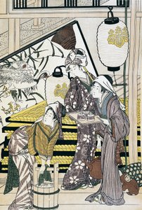 Otthon fáradozó szolgák, Suzuki Harunobu (1725-1770) ukiyo-e művészeti nyomata, fametszet, japán civilizáció, Edo-korszak alkotó: Suzuki Harunobu