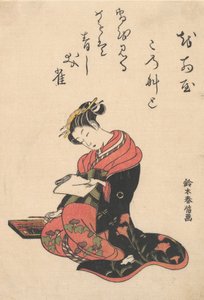 Kasugano udvarhölgy levelet ír, kb. 1765., kb. 1765. alkotó: Suzuki Harunobu