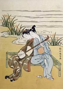 A shamisen: shamisen-t játszó pár (vagy samisen: hosszú ujjú lant három húrral) - Harunobou, a „Japan artistique”-ban”, 1890. július alkotó: Suzuki Harunobu