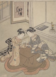 Két fiatal nő ül egy Kotatsu Macskabölcső mellett, kb. 1765., kb. 1765. alkotó: Suzuki Harunobu