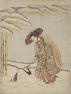 Bambuszrügyeket ásó nő a hóban, avagy Meng Zong Moso paródiája, a Twenty-Fo...-ból, kb. 1765. alkotó: Suzuki Harunobu