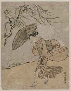 Nő, aki egy fűzfa mellett fut a szélben, 1766 vagy 1767. alkotó: Suzuki Harunobu