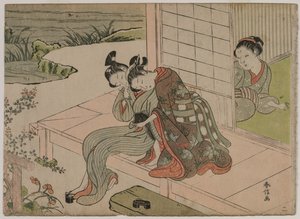 Nő, aki fiatal pár ölelését nézi a verandán, az 1760-as évek végén. alkotó: Suzuki Harunobu