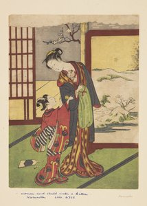 Nő és gyermek cicával (színes fatömb nyomat) alkotó: Suzuki Harunobu