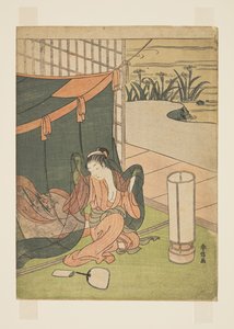 Szúnyoghálóból előbújó fiatal nő (színes fatömbnyomat) alkotó: Suzuki Harunobu