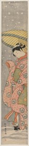 Fiatal nő áll egy esernyő alatt a hóban, 1767-1768. alkotó: Suzuki Harunobu