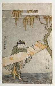 Kakemonót ápoló fiatal nő egy fához kötődik. Japán nyomtatott Harunobu Suzuki (1725-1770) alkotó: Suzuki Harunobu